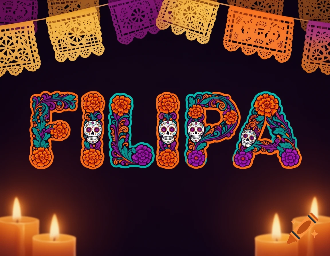Decorative text 'FILIPA' in Dia de los Muertos style with marigolds, sugar skulls, papel picado banners, and lit candles.
