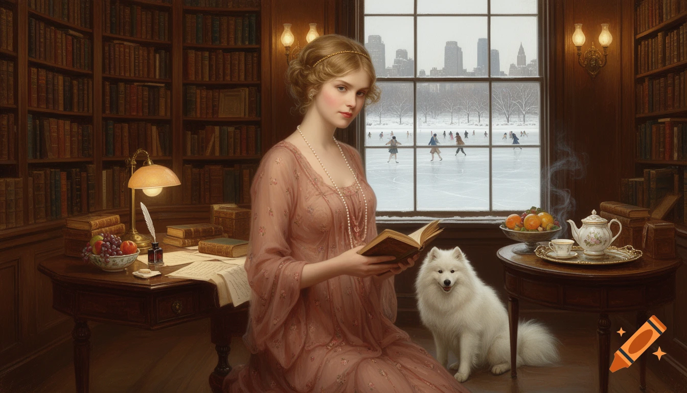 Classical oil painting of a woman reading in a library with a Samoyed dog, overlooking a snowy park with ice skaters.