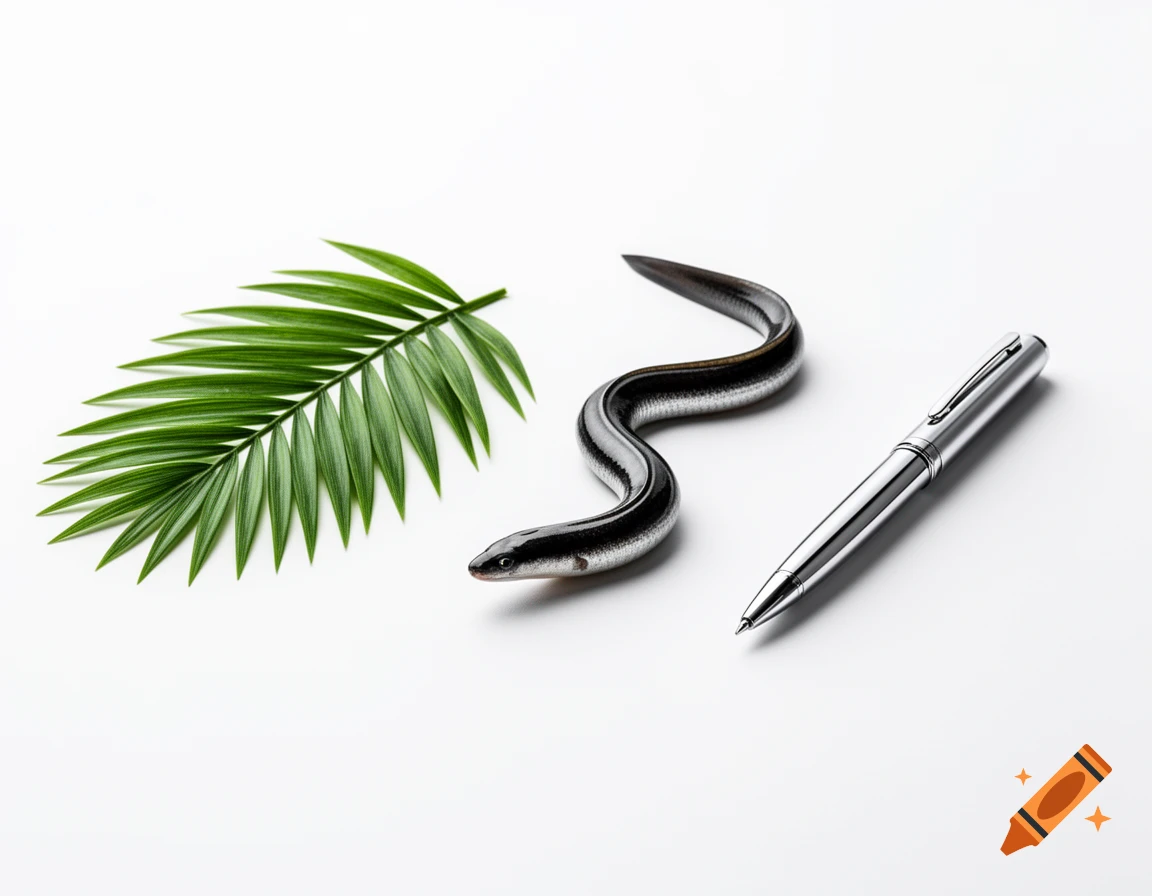 A green palm leaf, a dark eel-like object, and a silver pen are arranged neatly on a plain white background.