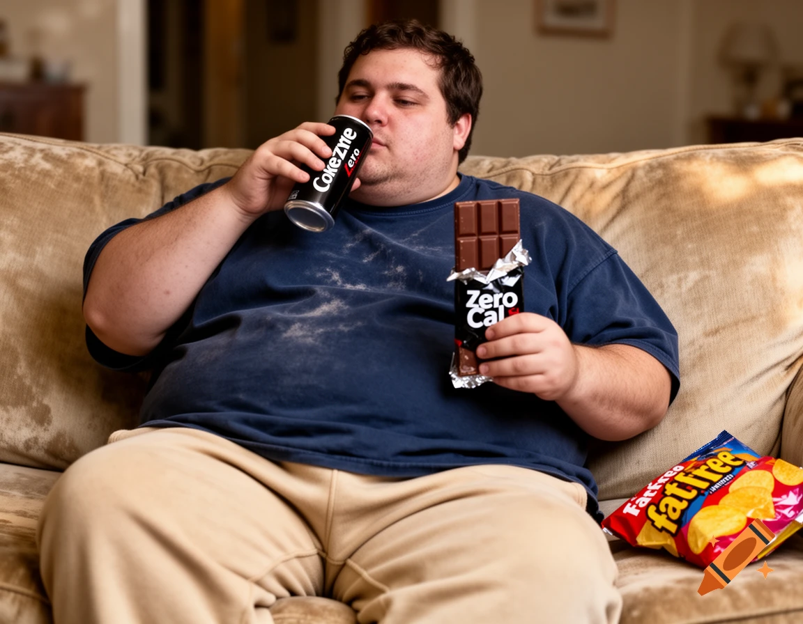 An obese man sits on a sofa, drinking from a can and eating a chocolate bar, with a bag of crisps next to him.