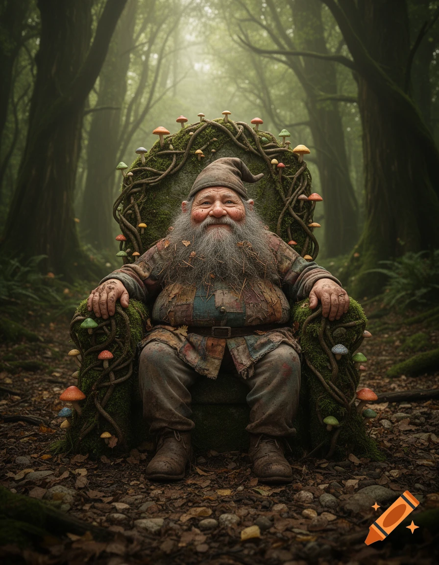 A happy, bearded old gnome with a patched tunic sits on a moss and mushroom-covered throne in a deep forest.