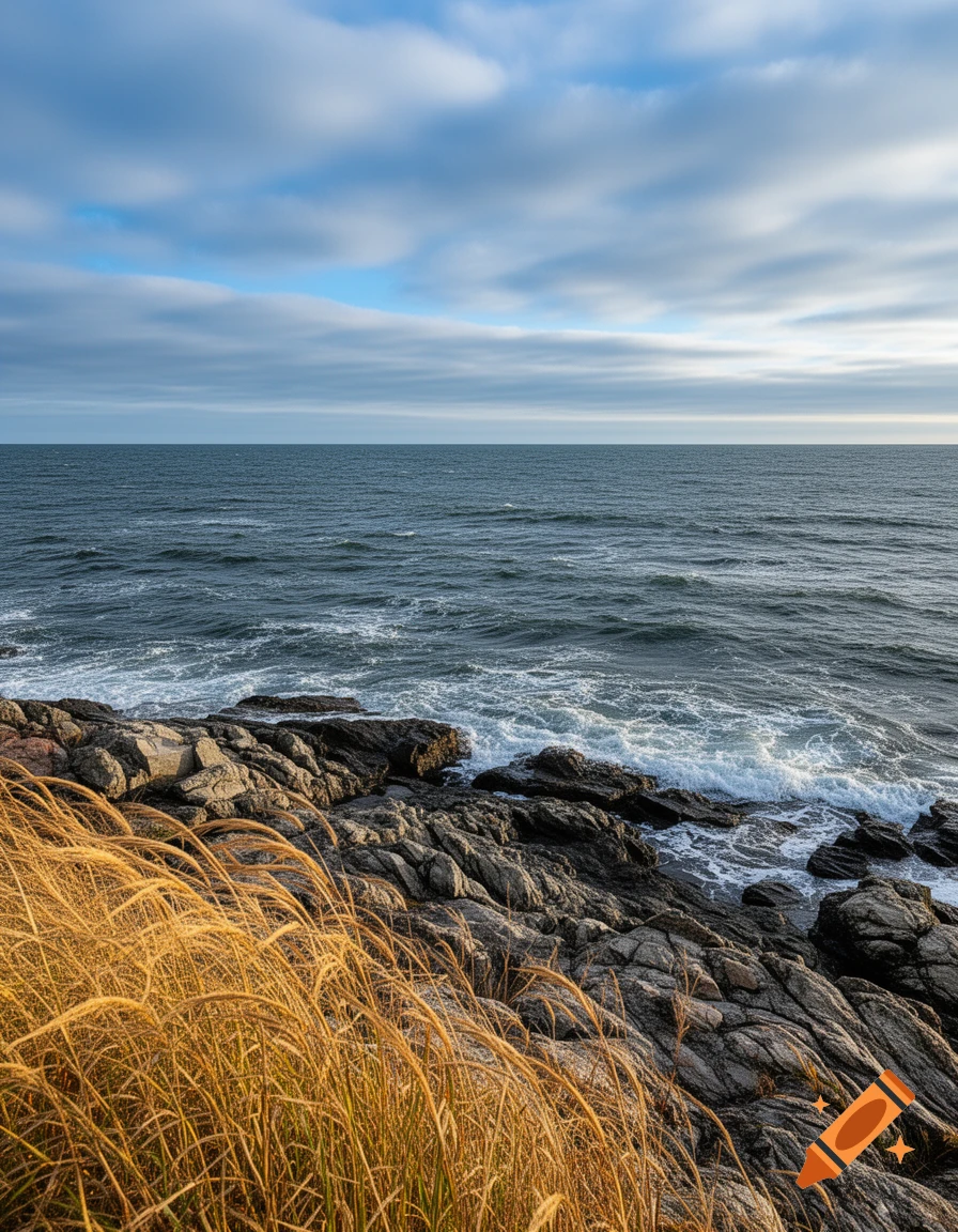 Golden dry grass in the foreground of a rocky coastline with waves crashing into the sea under a partly cloudy blue sky.