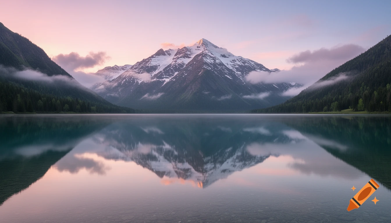 A tranquil mountain lake reflects a snow-capped peak and forested slopes under a pastel sky at dawn.