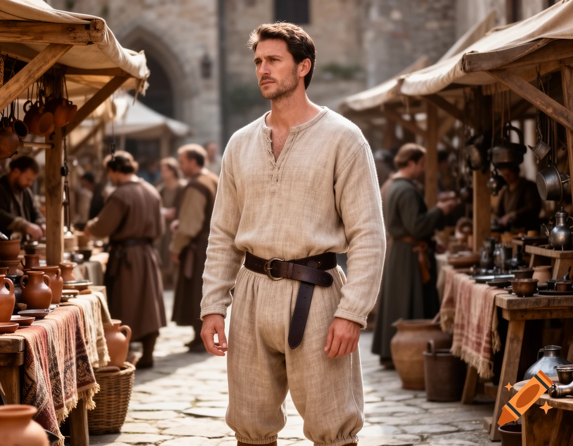 A man in medieval linen clothing and a leather belt stands prominently in a bustling outdoor marketplace, surrounded by stalls with pottery and goods.