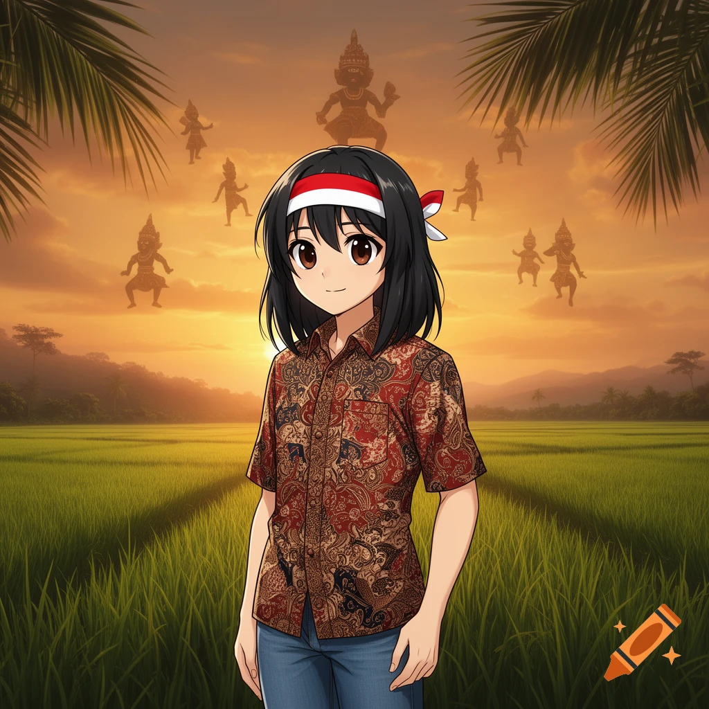 Anime girl in a red and white headband and batik shirt stands in a rice field at sunset, with traditional figures floating in the orange sky.