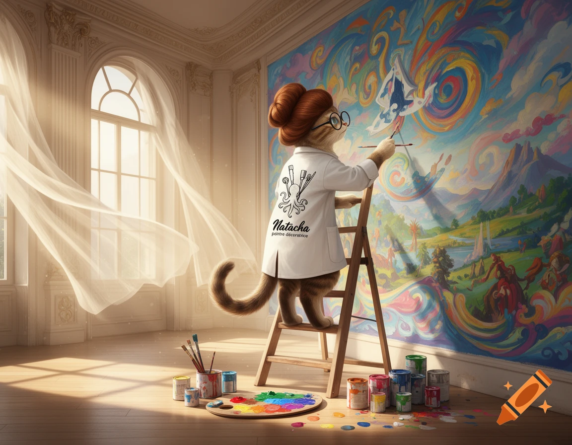 An anthropomorphic cat in glasses and a lab coat stands on a ladder, painting a colorful, swirling mural in an ornate room bathed in sunlight.