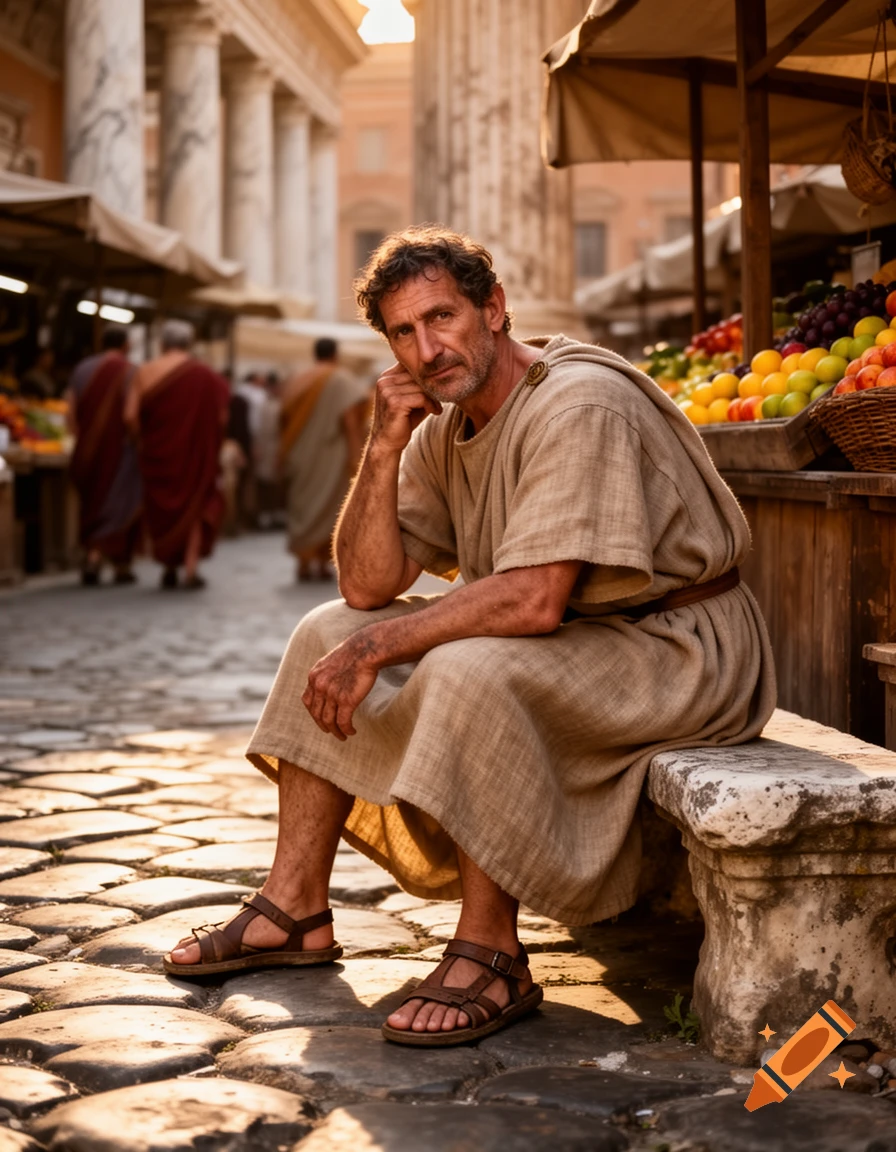 A man in a Roman tunic and sandals sits on a stone bench in a bustling marketplace with columns in the background.