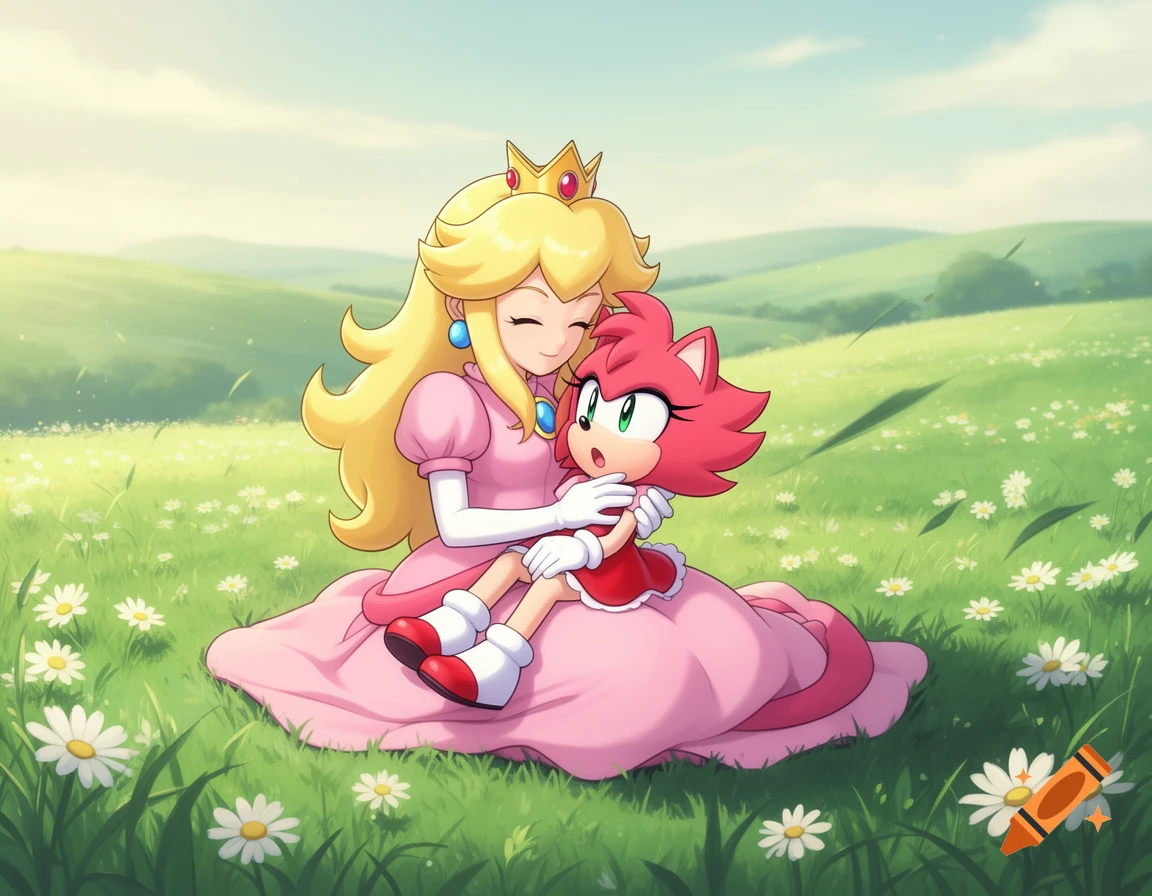 Cartoon Princess Peach holding Amy Rose while sitting in a field of white flowers.