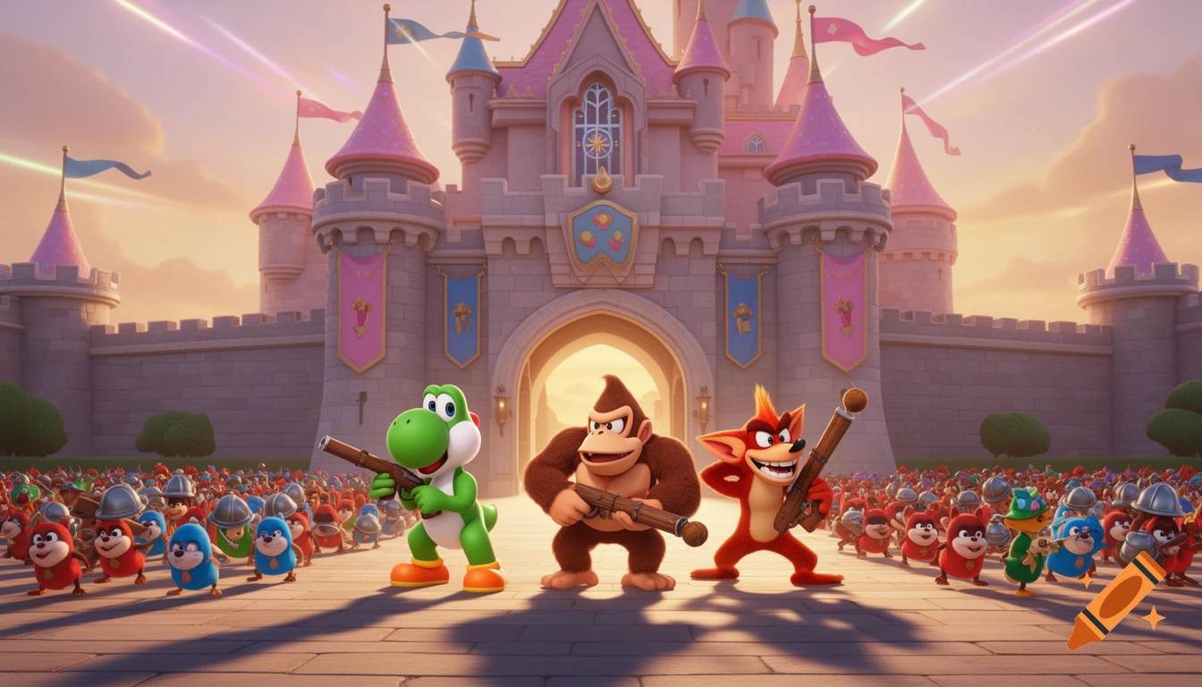 Yoshi, Donkey Kong, and Crash Bandicoot hold wooden guns, defending Princess Peach's Castle from an army of small, furry creatures.