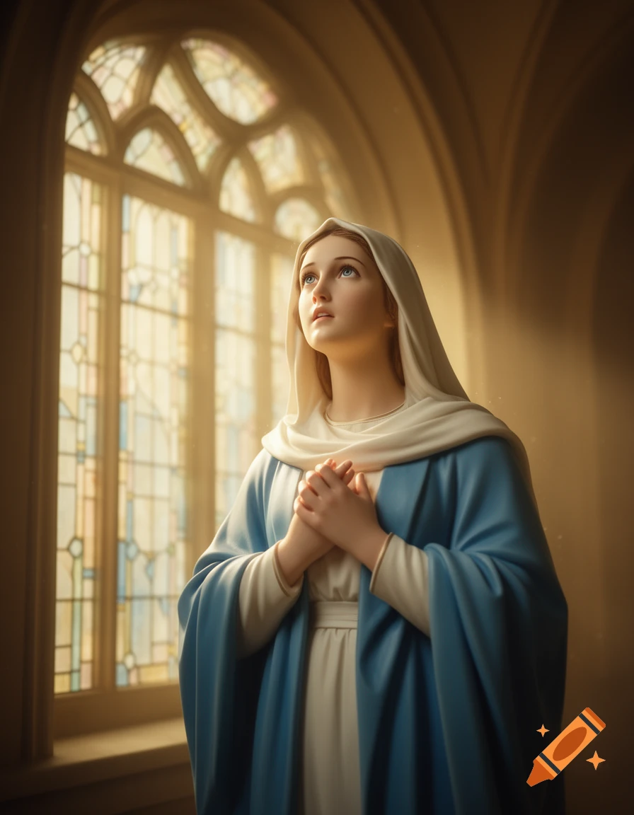 Virgin Mary with hands clasped in prayer, looking upwards in a church with a large stained glass window.