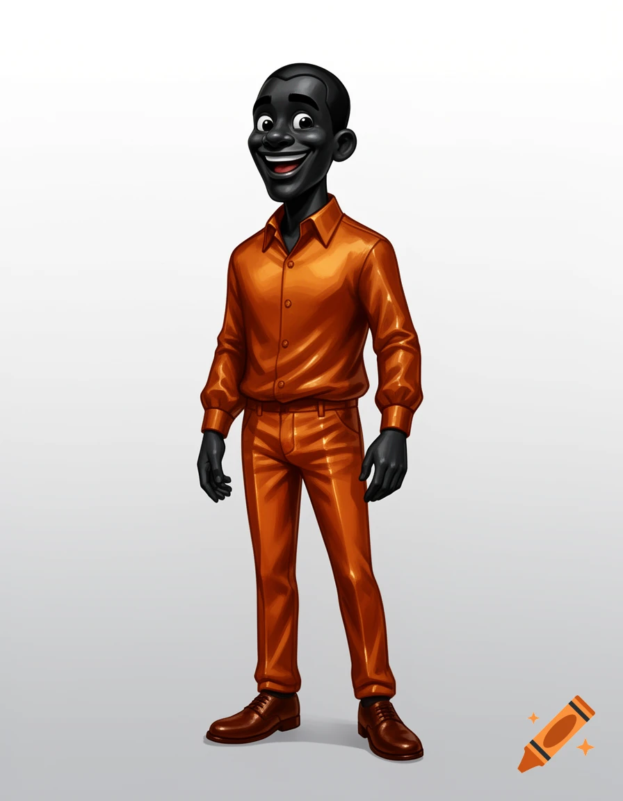 A smiling, dark-skinned cartoon man stands in an orange collared shirt and matching pants, with brown dress shoes, against a plain white background.