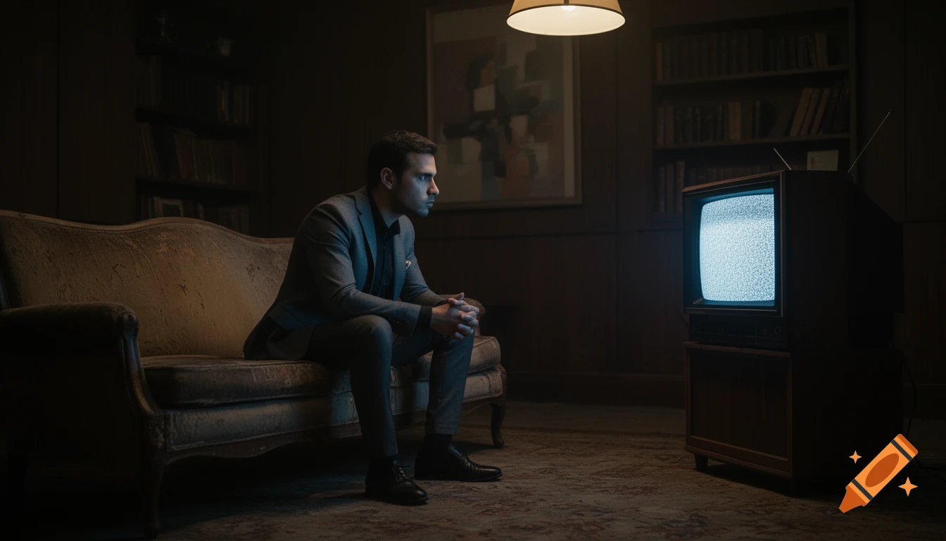 A man in a suit sits on an old couch, intently watching static on a vintage television in a dimly lit room.