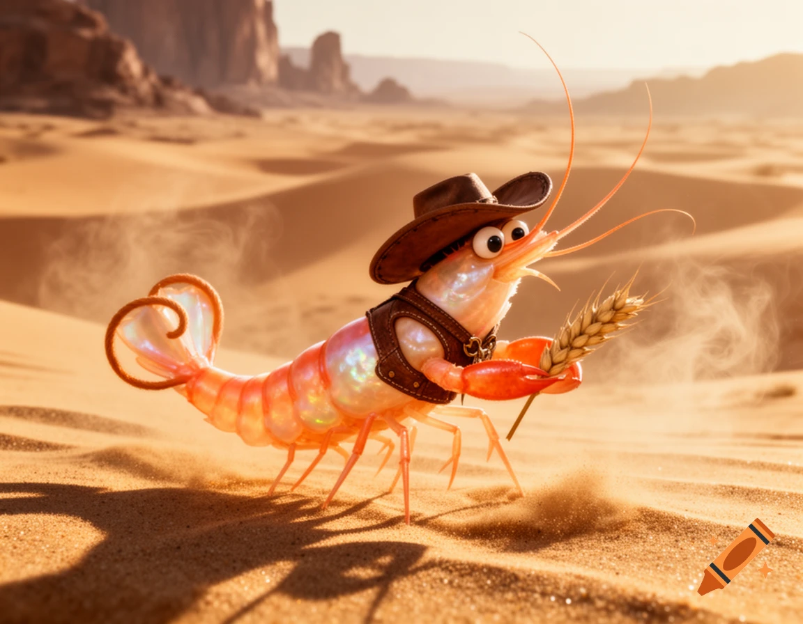 A photorealistic anthropomorphic cowboy shrimp in a desert, wearing a hat and vest, holding a piece of wheat.