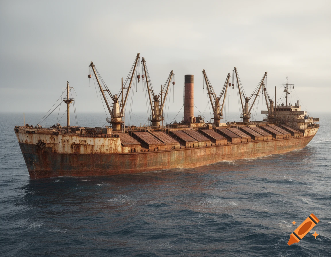 A badly rusted tramp steamer with multiple derricks floats on a calm, gray sea under an overcast sky.