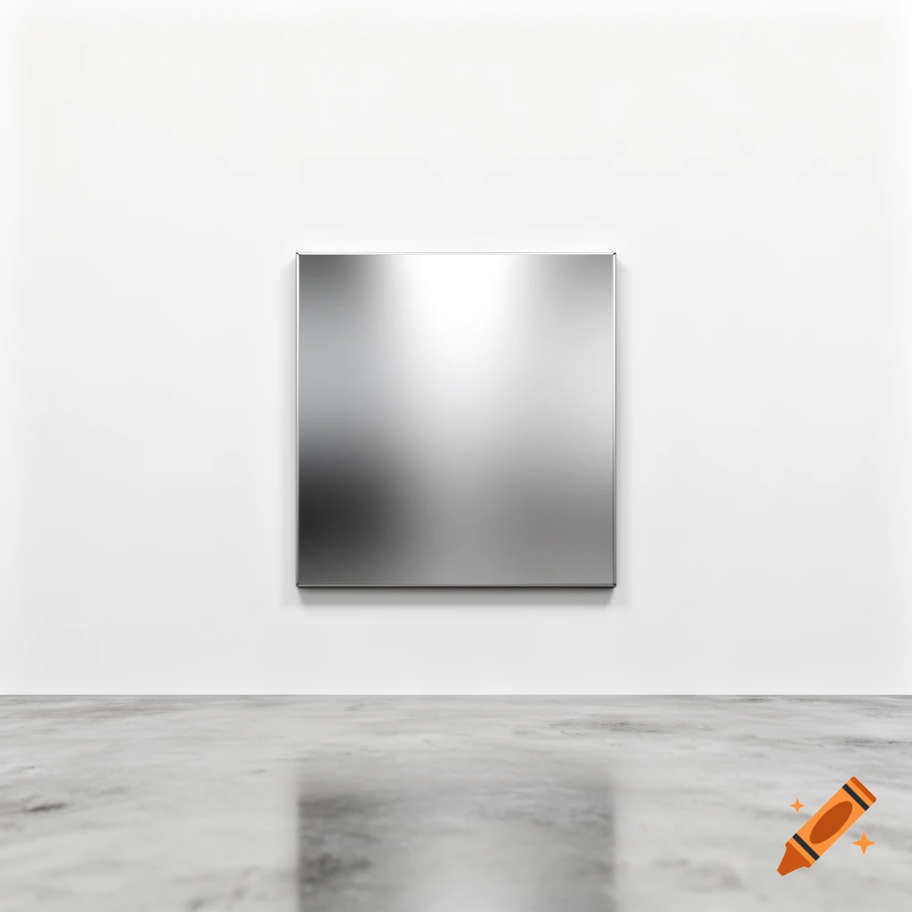A square, reflective metallic panel hangs on a plain white wall above a concrete floor in a minimalist room.