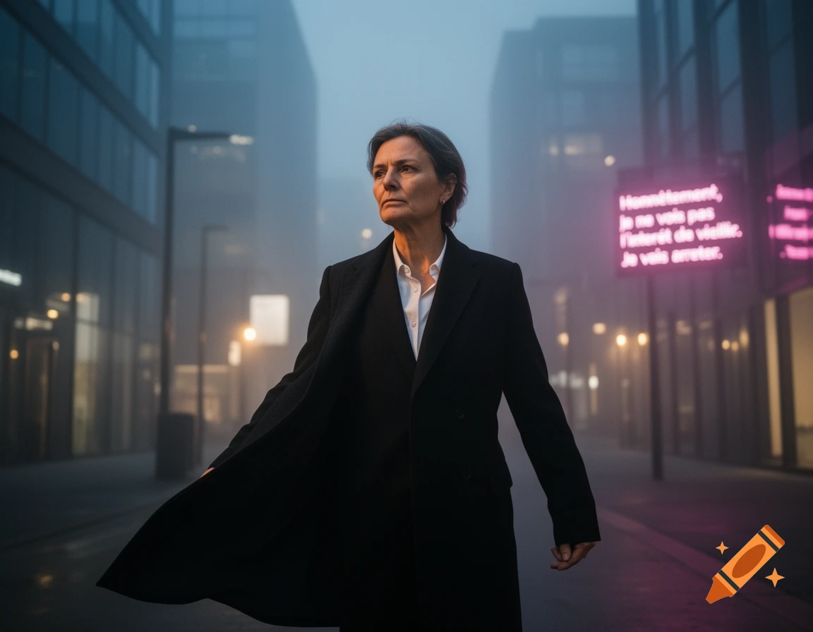 A woman in a black coat stands in a foggy city street at night, looking up past a pink neon sign.