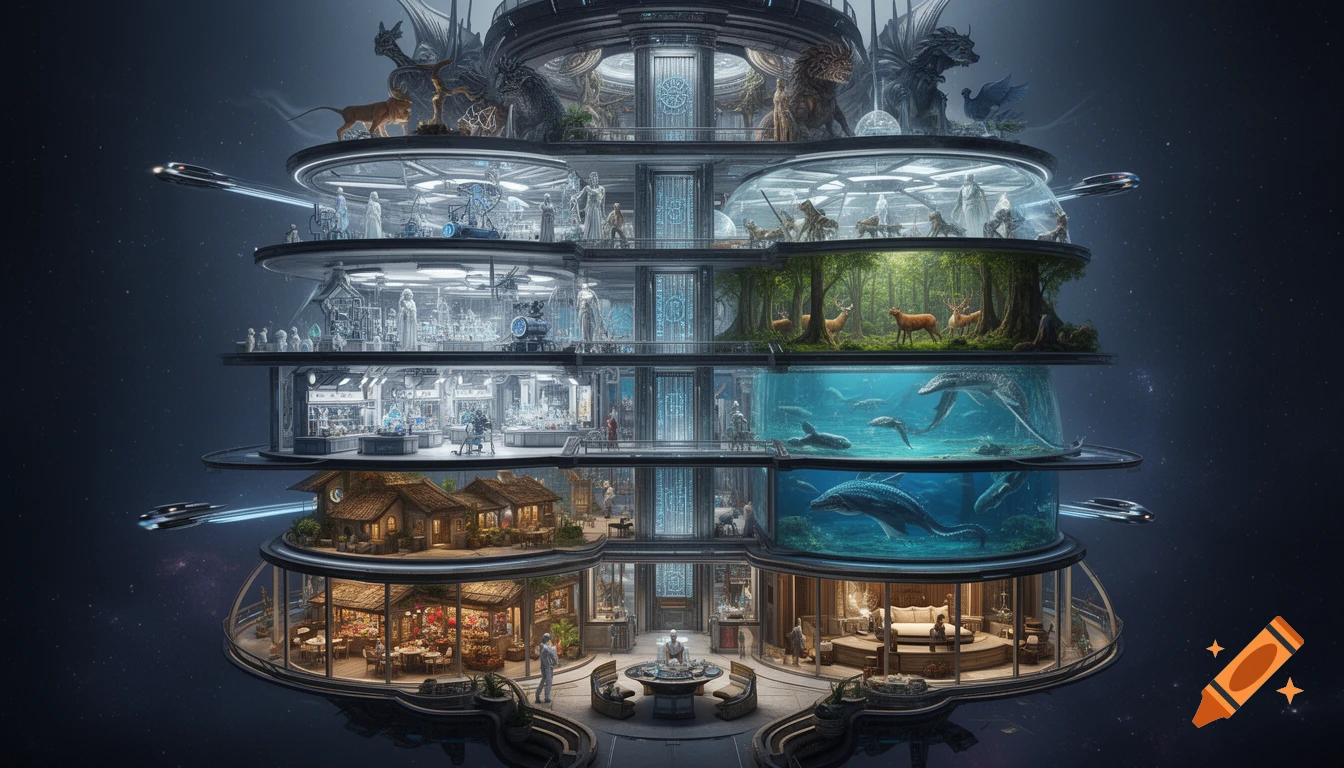 A futuristic, multi-level generational spaceship showcasing biodomes with forests and aquatic life, labs, and various living and commercial spaces.