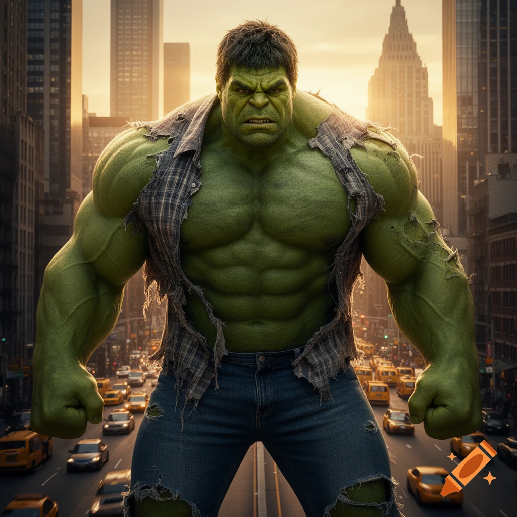 The Hulk, a muscular green superhero in torn clothes, stands angrily in a bustling city street with skyscrapers at sunset.