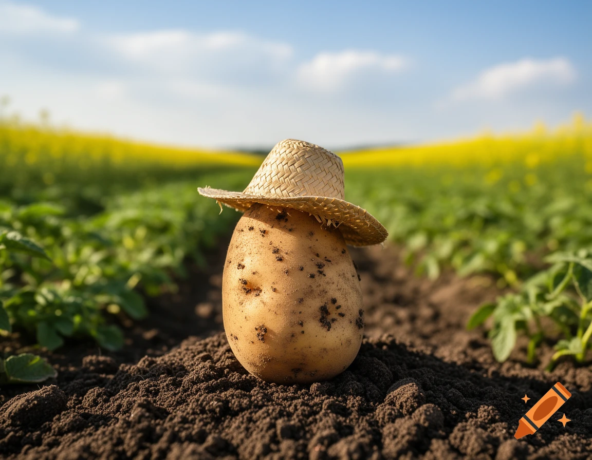 A potato wearing a straw hat sits on a mound of soil in a green field under a clear blue sky.
