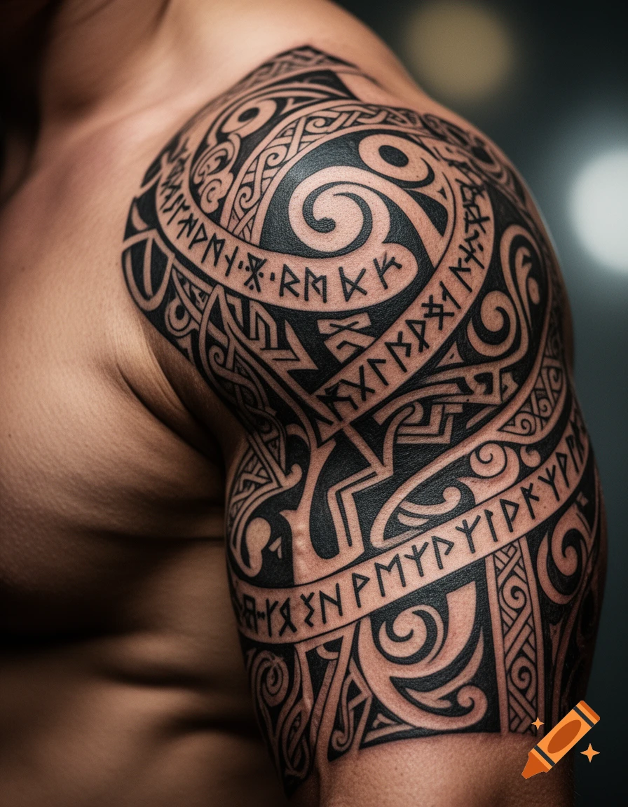 Close-up of a muscular male arm and shoulder with a large, intricate black tattoo featuring tribal patterns and Viking runes.