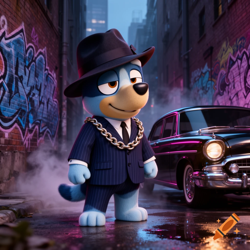 Bluey the cartoon dog dressed as a gangster in a pinstripe suit, fedora, and gold chain, standing in a dark, wet alley with graffiti and a vintage car in a photorealistic 3D render.