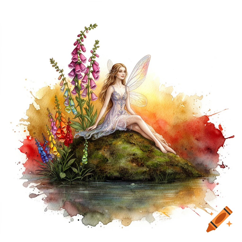 Watercolor illustration of a fairy with gossamer wings sitting on a mossy mound by a pond, surrounded by colorful foxglove flowers against a warm, abstract background.