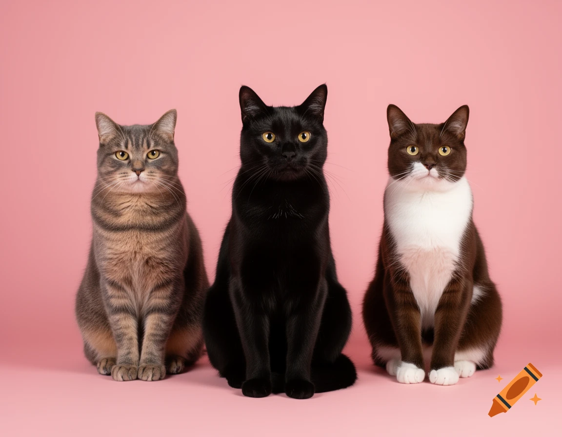 Three photorealistic cats, one black, one grey tabby, and one brown and white, sit side-by-side on a pink background.