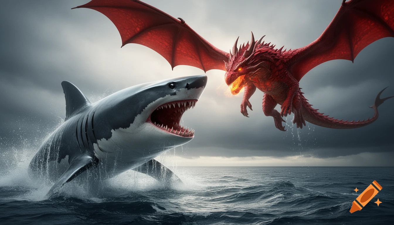 A great white shark leaps from stormy ocean waves, mouth open, confronting a red, winged dragon breathing fire in the sky.