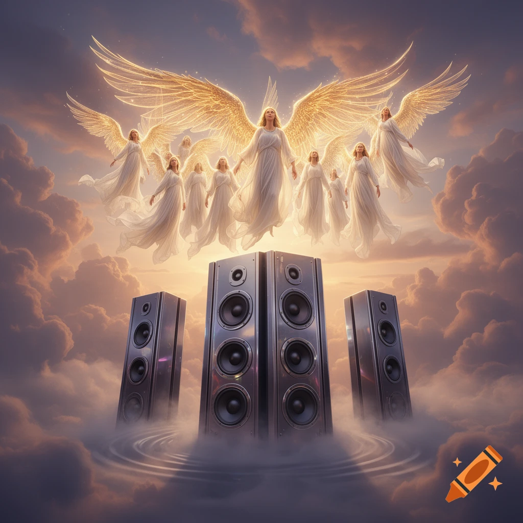 A choir of glowing winged angels floats above large, metallic speaker towers in a dramatic, cloud-filled sunset sky.