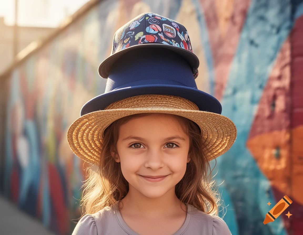 A smiling young girl with long brown hair, wearing a straw hat, a blue felt hat, and a patterned baseball cap stacked on her head, stands in front of a colorful blurred wall.