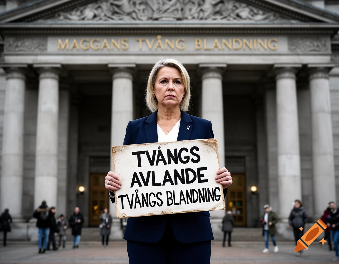 Magdalena Andersson holds a protest sign saying 'TVÅNGS AVLANDE TVÅNGS BLANDNING' in front of a government building.