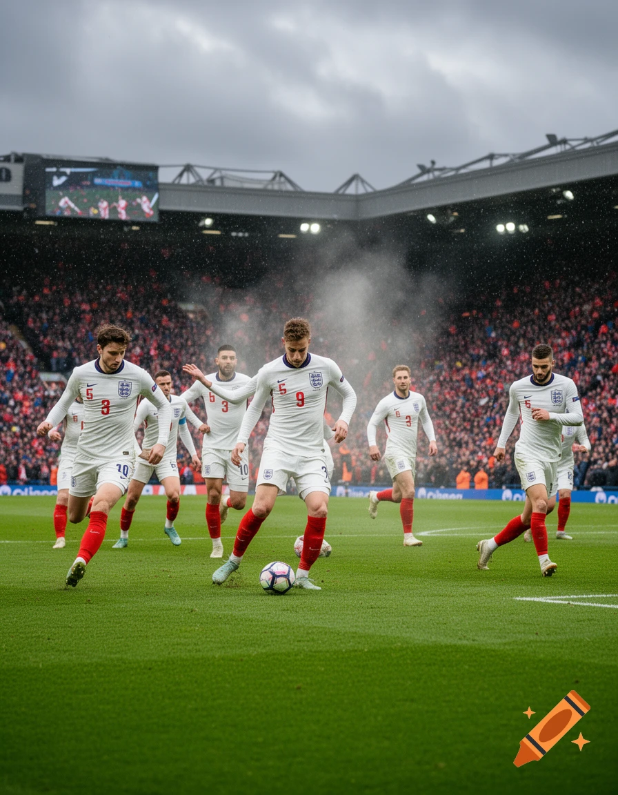 England National Team soccer players in white and red uniforms on a green field during a match, with a stadium in the background.