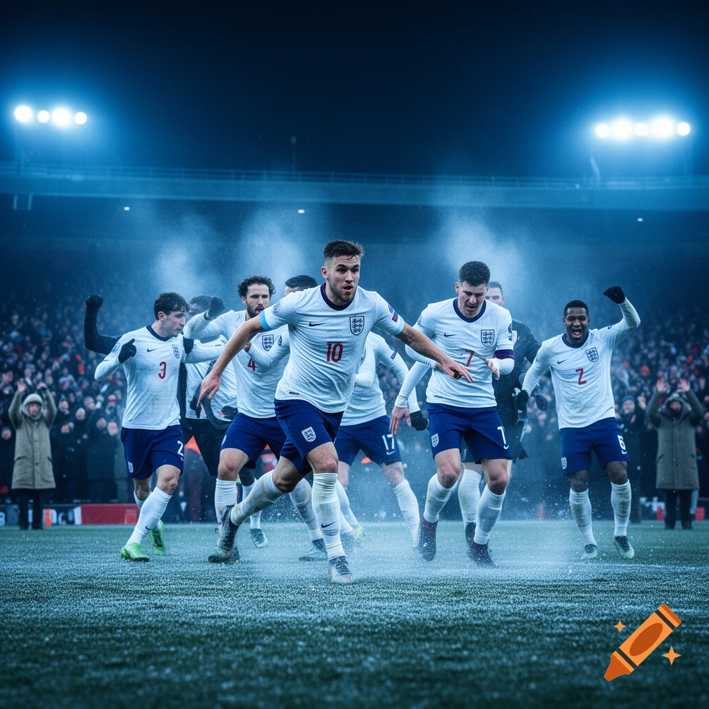 England national football team players celebrate on a snowy field at night under bright stadium lights.