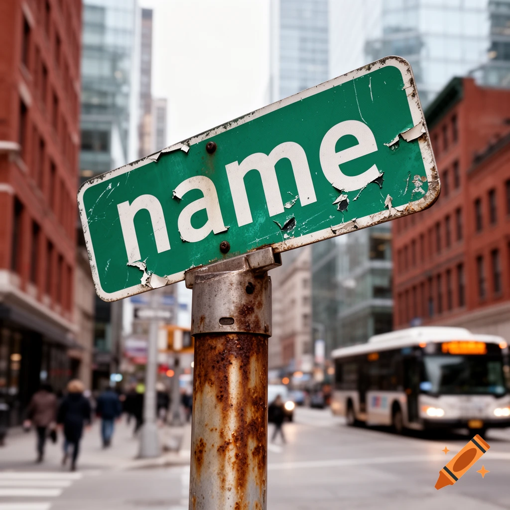 A rusty, bent green street sign displaying the word 'name' in a blurry urban street scene with buildings and a bus.