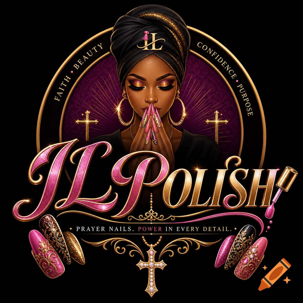 Vibrant IL POLISH logo featuring a woman in a headwrap with ornate pink and gold nails, hands clasped in prayer, surrounded by golden crosses and text on a purple and black background.