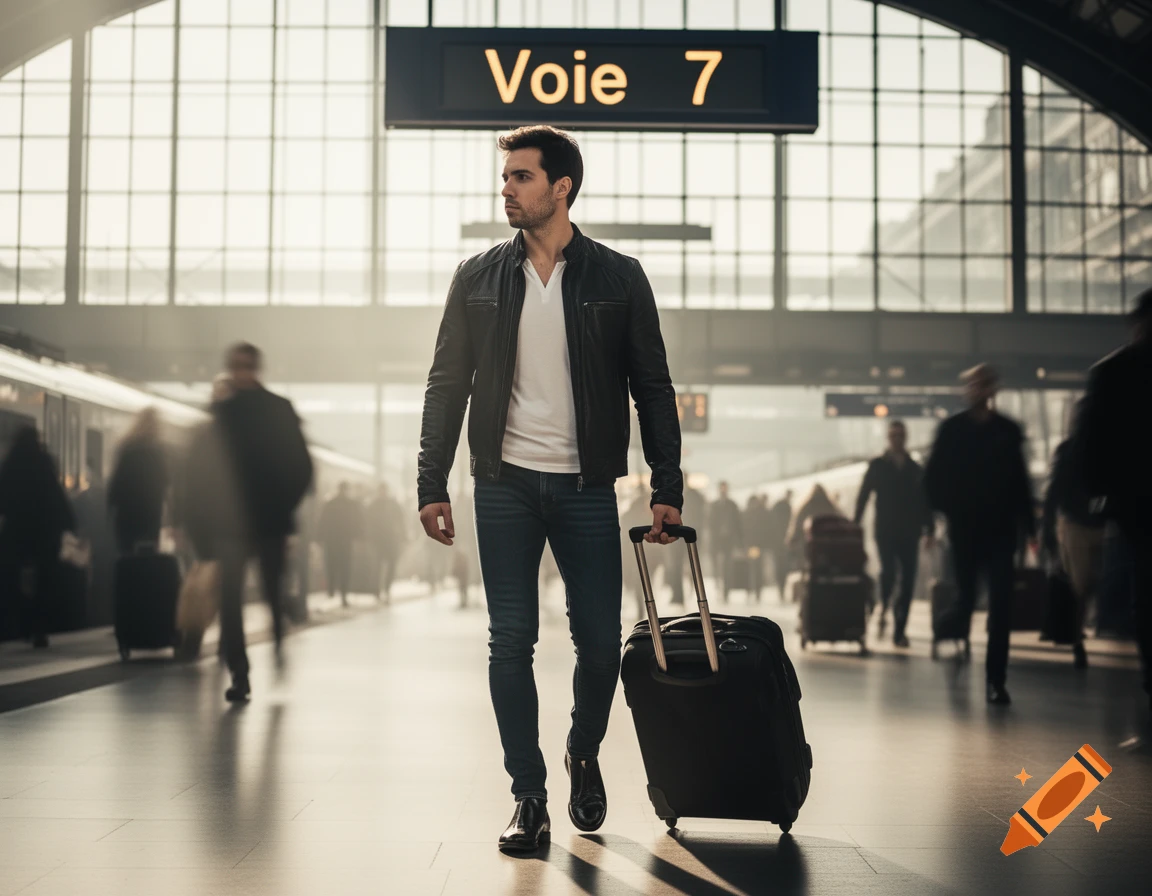 A man in a leather jacket and jeans pulls a black suitcase through a busy, sunlit train station with 'Voie 7' on a sign.