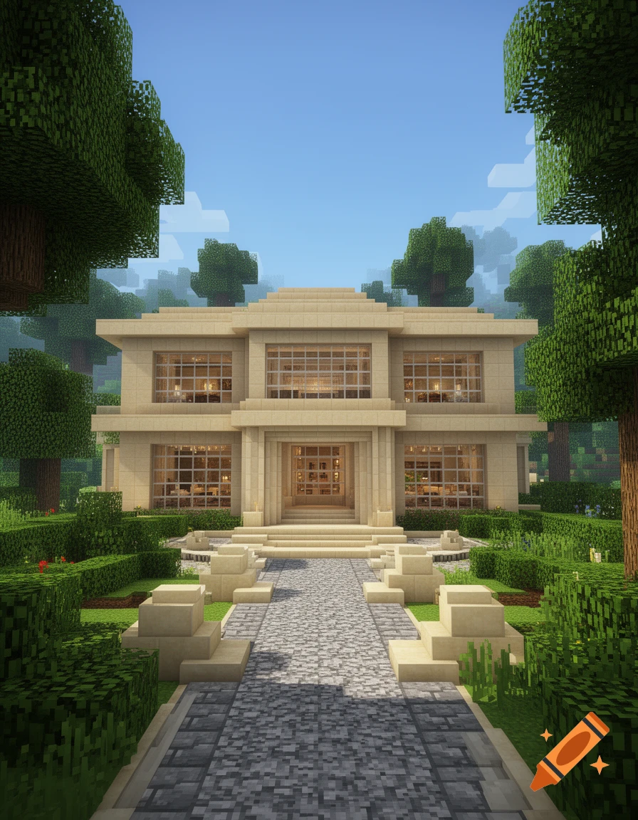 A modern, blocky Minecraft house with a stone path, surrounded by pixelated trees and green bushes under a blue sky.
