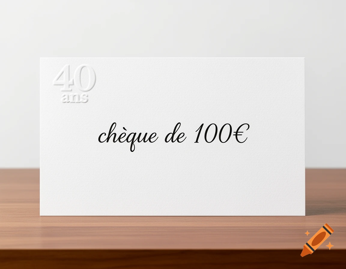 A white gift card on a wooden surface, embossed with '40 ans' and printed with 'chèque de 100€' in a script font.