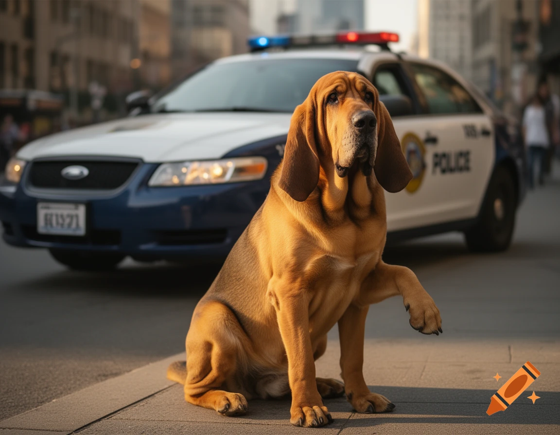 A Bloodhound dog sits on a sidewalk in front of a police car with flashing lights on a city street.