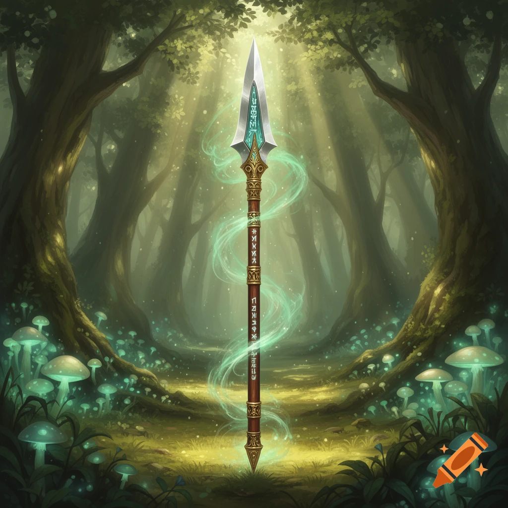 A mystical war spear with glowing runes stands upright in an enchanted forest with luminous mushrooms and sun rays.