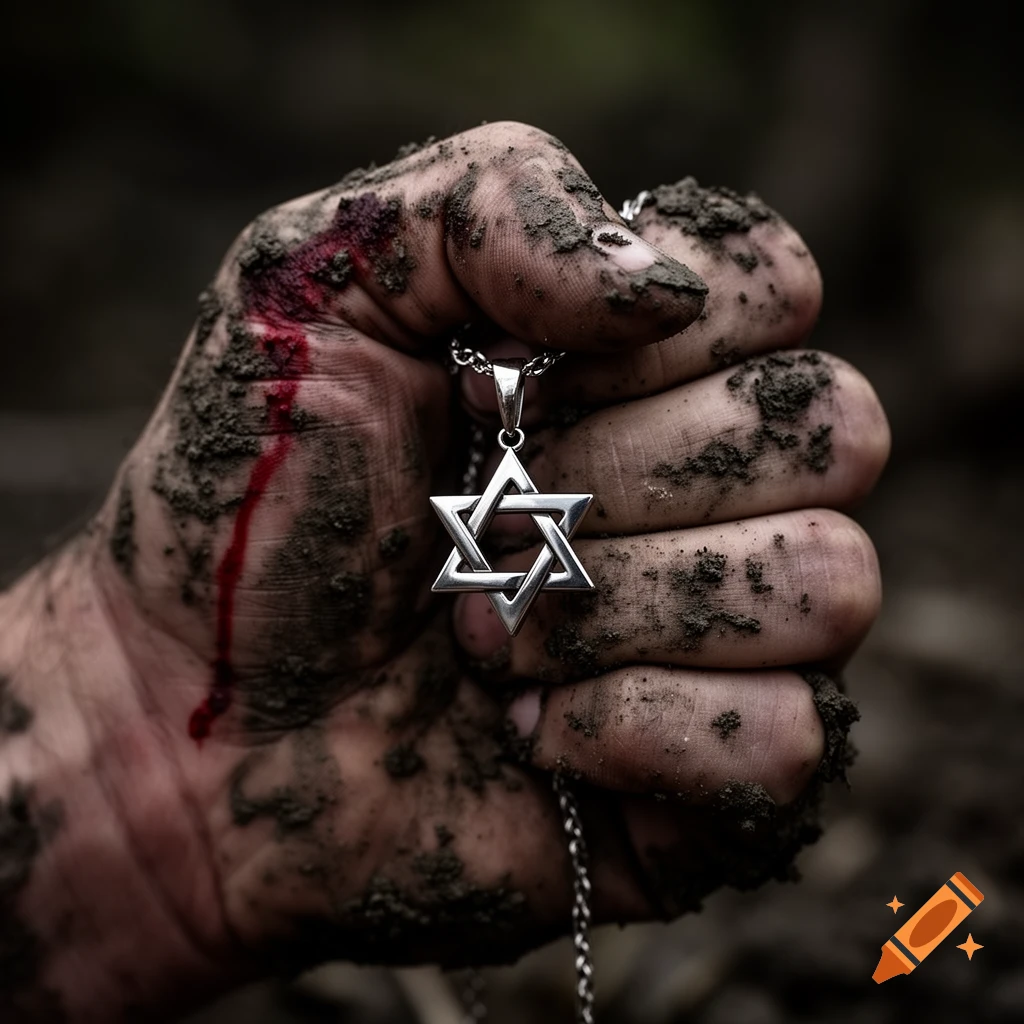 A muddy hand with a streak of blood holds a silver Star of David necklace in a loose fist.