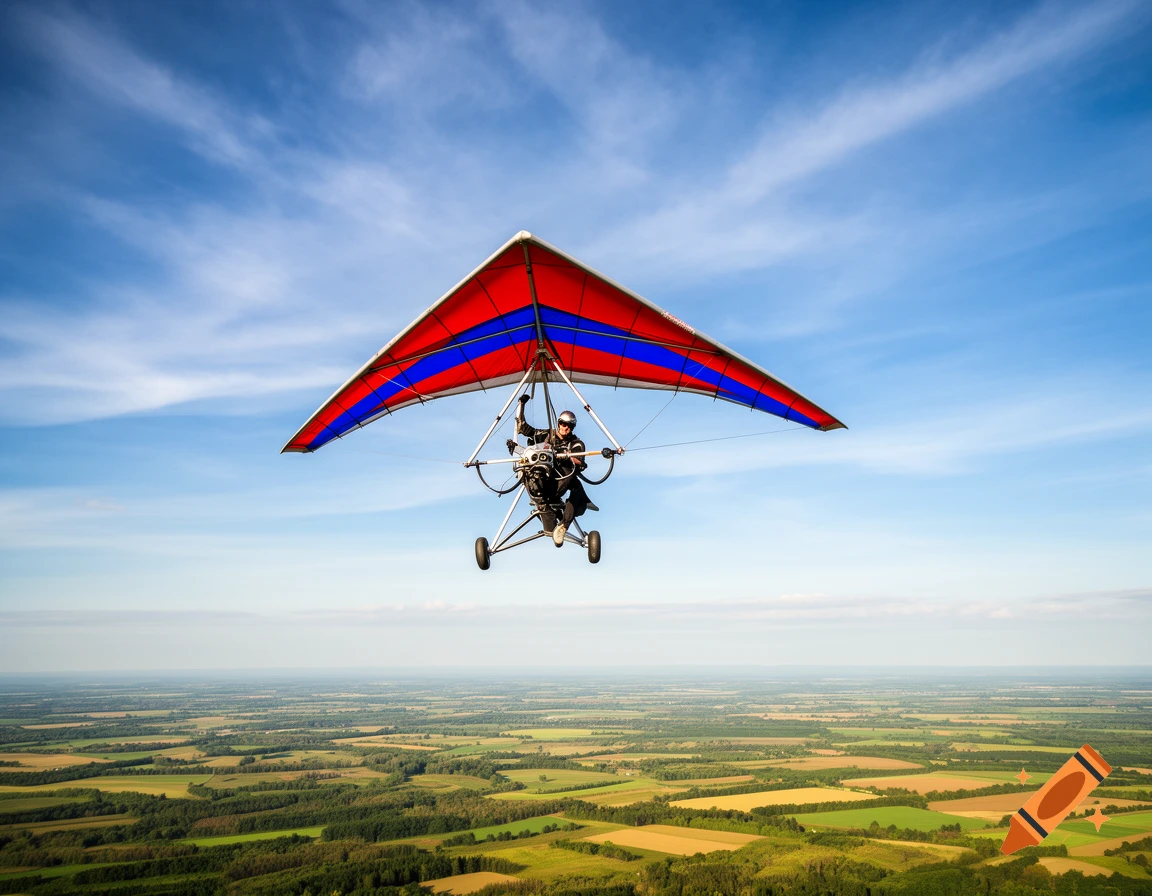 A person flies a red and blue motorized hang glider high above a vast patchwork landscape under a clear blue sky.