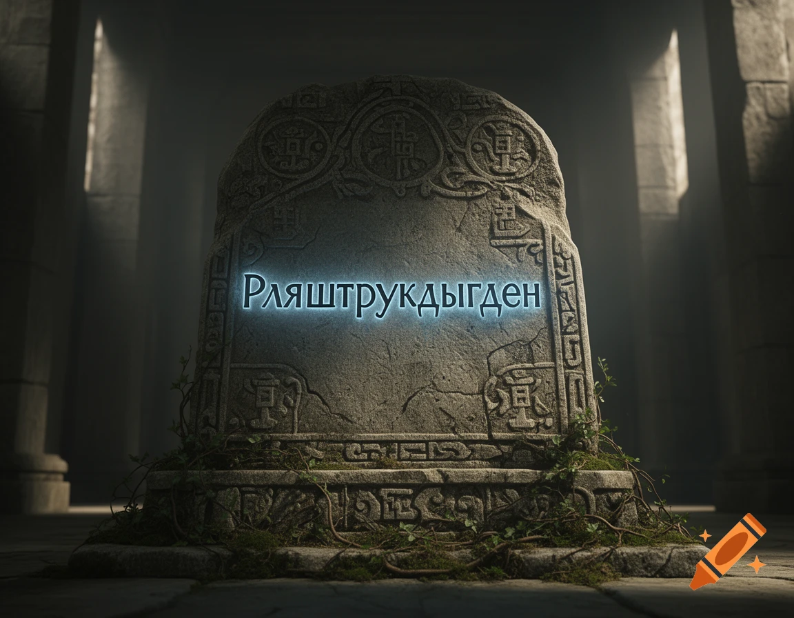 A large, weathered stone monument with glowing Cyrillic text 'Рляштрукдыгден' in a dimly lit, ancient hall.