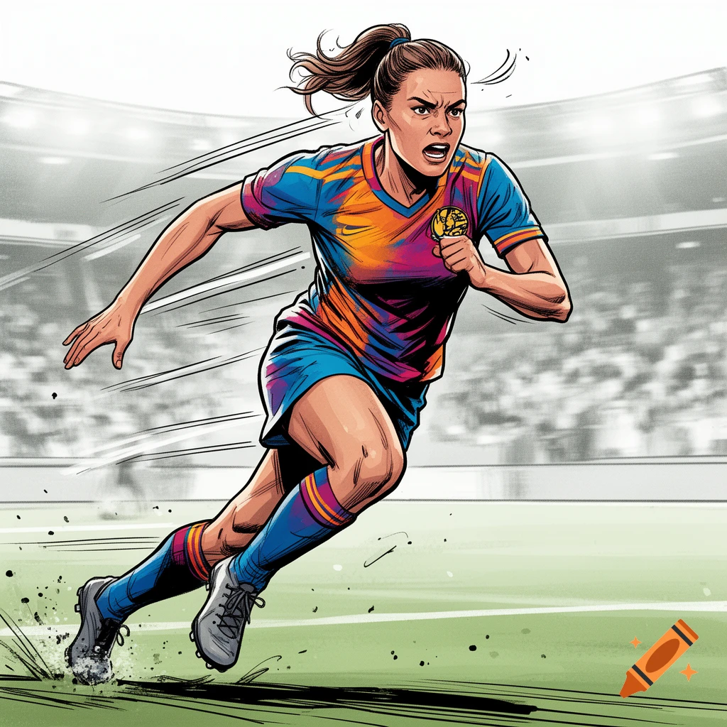 Female soccer player intensely running on a field in a comic art style.
