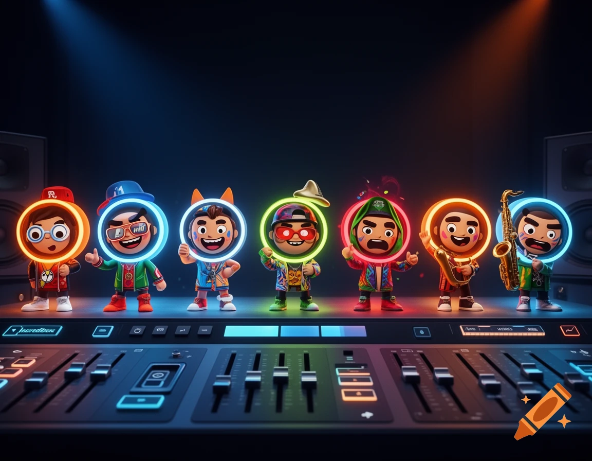 Seven colorful 3D cartoon characters stand on an audio mixer in a dark, neon-lit music studio. One holds a saxophone.