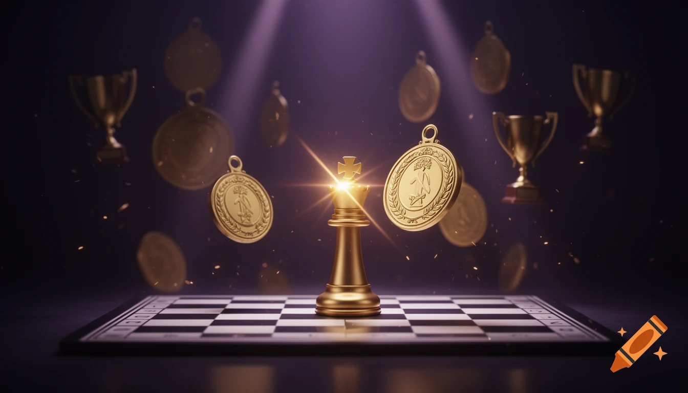 Golden chess king on a chessboard, surrounded by floating medals and trophies, under dramatic purple and gold lighting.