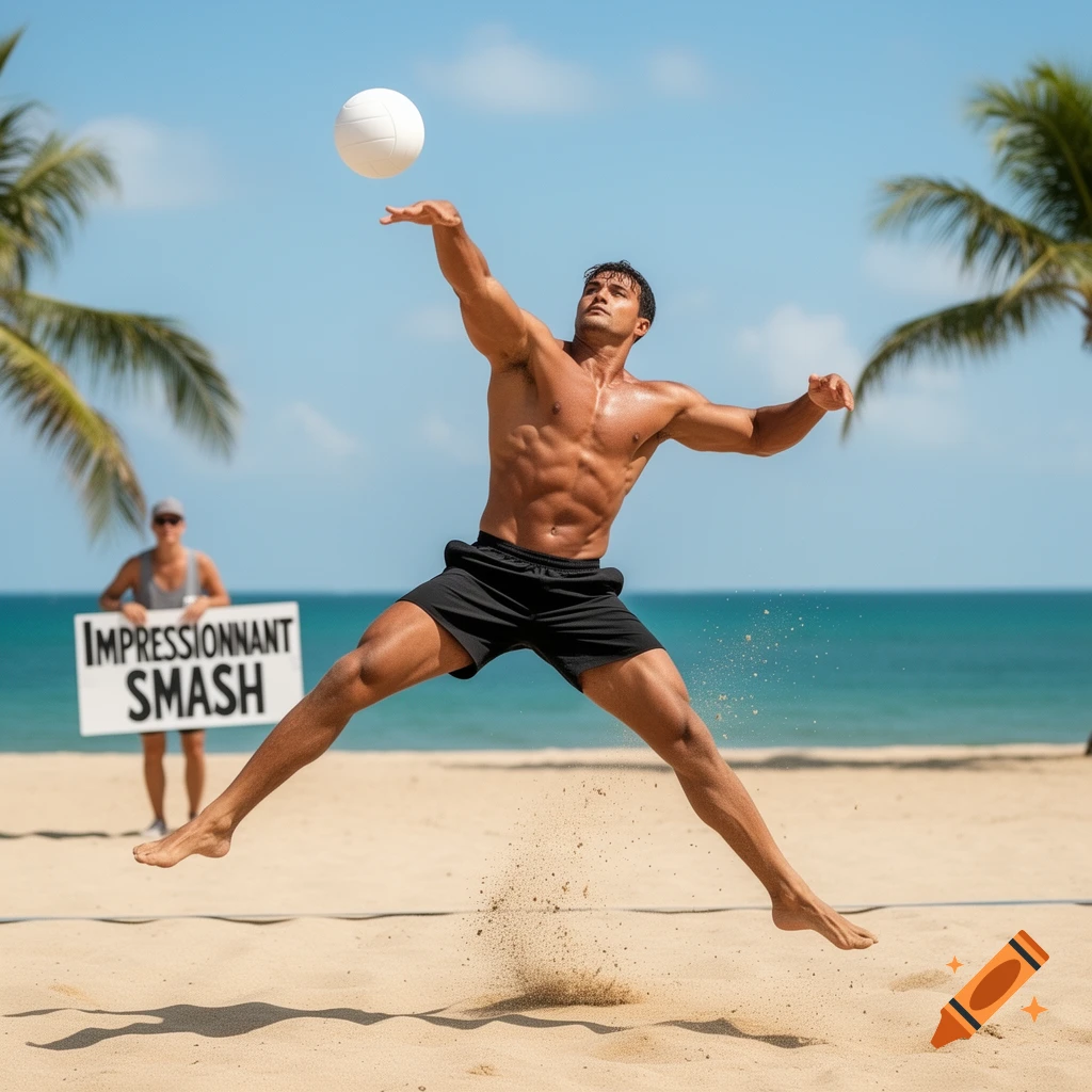 A muscular man jumps to spike a volleyball on a sunny beach. A sign in the background reads 'IMPRESSIONNANT SMASH'.