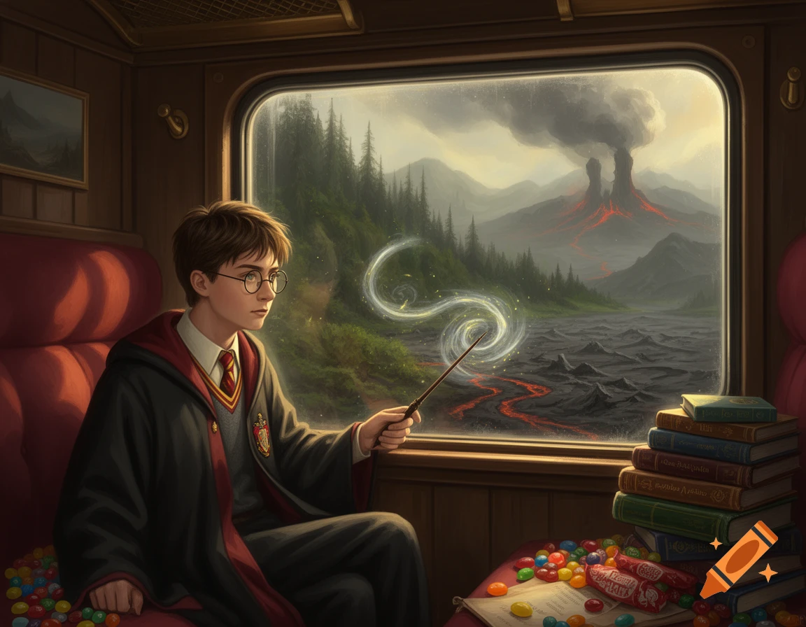 Harry Potter on a train, looking out a window at a volcanic landscape, holding his wand, with books and candy beside him.