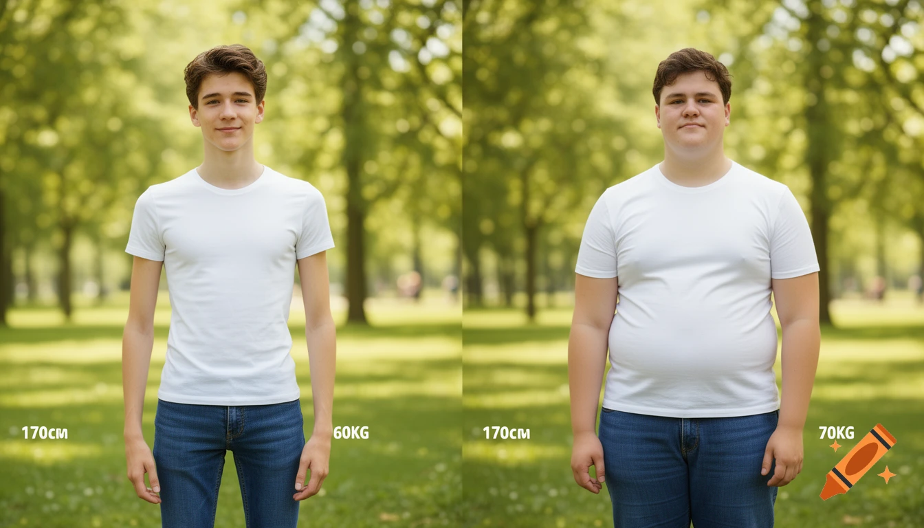 A split image of a young man, slim (170cm, 60kg) on the left and heavier (170cm, 70kg) on the right, in a park.