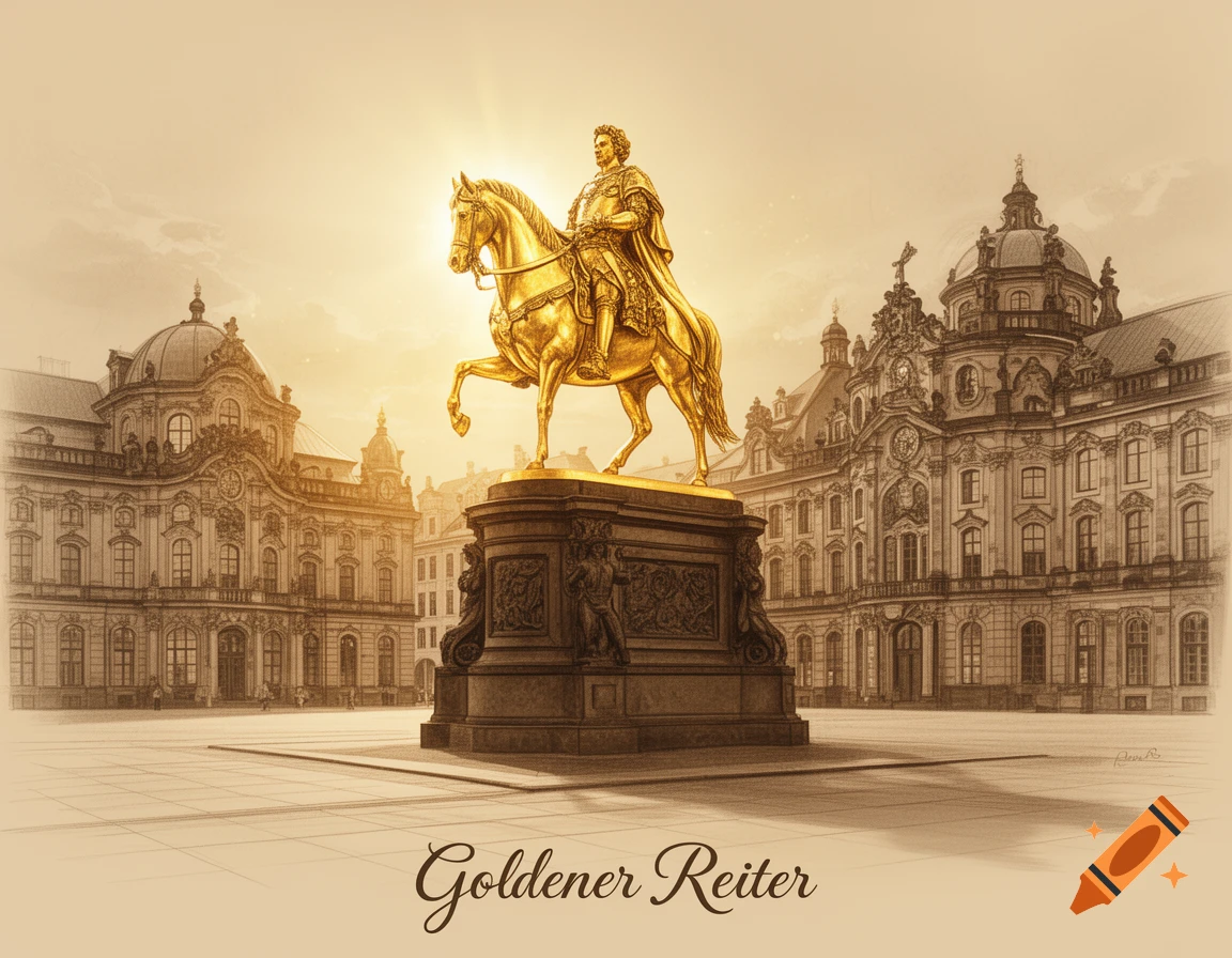A sepia-toned drawing of the Golden Rider statue, a golden equestrian statue, in front of a grand Baroque building.
